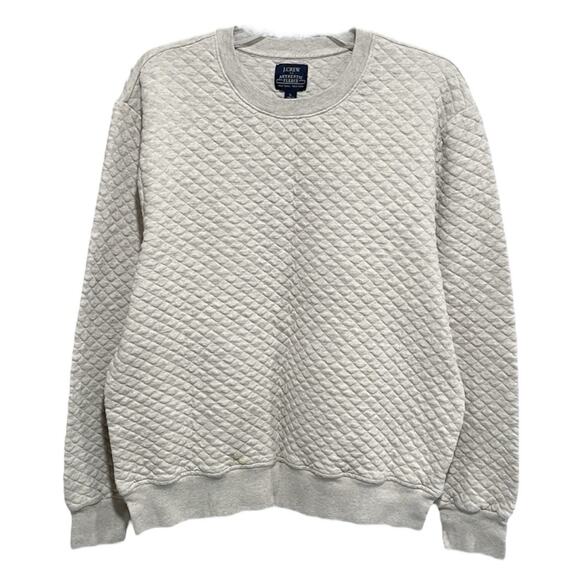 Preppy J Crew Mens Fleece Quilted Crewneck Sweatshirt Large Oatmeal Beige FLAW - Picture 1 of 7